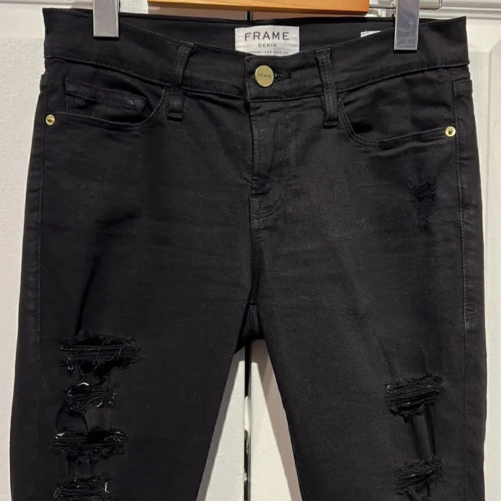 Frame Black Distressed Skinny Jeans Size 26 - Picture 2 of 12